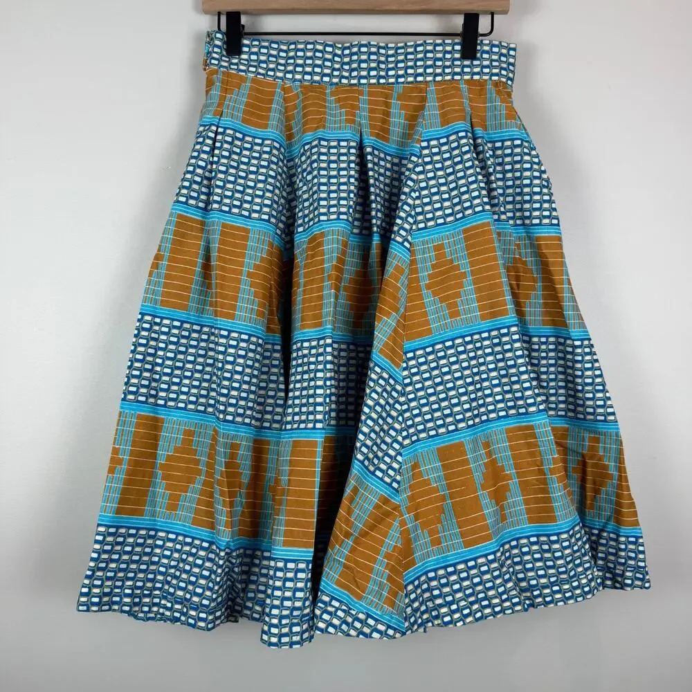Francis + Benedict A-Line Skirt Women's Small Blue Brown Geo Pleated Togo Africa